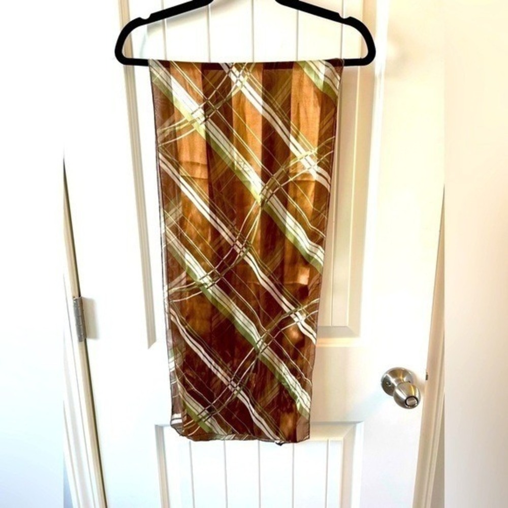 Sheer Plaid‎ Scarf Brown Green White Geometric Lightweight Rectangular Wrap